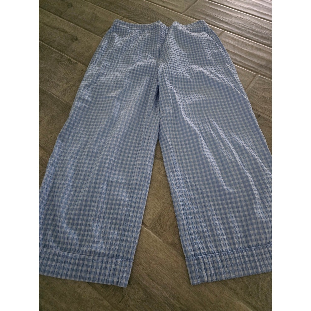 Pearl by Lela Rose Blue White Gingham Seersucker Wide Leg Cropped Pants Size 12